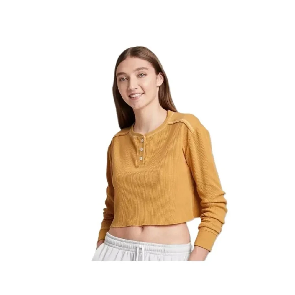 Wild Fable Autumn Yellow LS Waffle Knit Cropped Henley Top T-Shirt -- Size Large - Picture 2 of 8